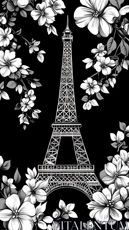 Paris tower in monochrome bloom, a dreamy floral embrace.