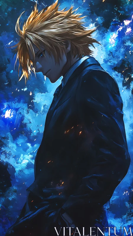 Brooding anime hero in suit amid electric blue stormscape.