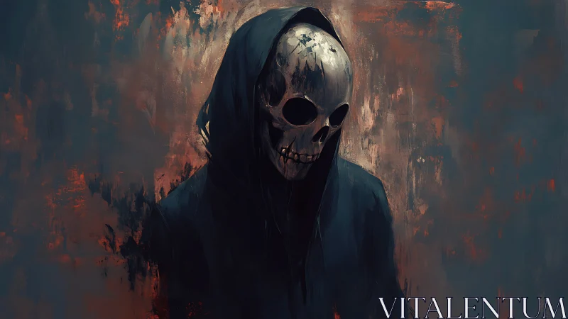 Hooded skull figure emerges from abstract burning dusk