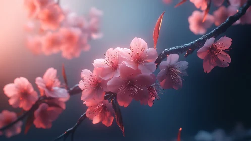 Cherry Blossom Cluster: Delicate Pink Petals with Warm Backlighting.