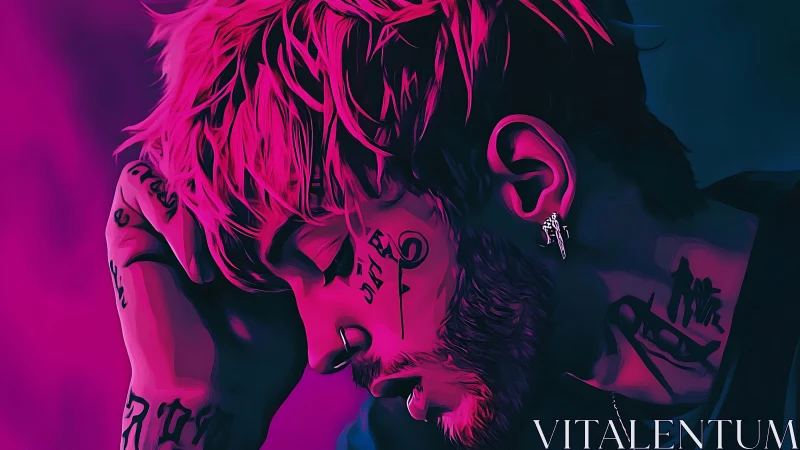 Side profile digital portrait depicts tattooed subject in neon lighting