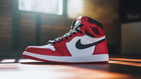 Photorealistic high-top sneaker product shot in warm studio light.