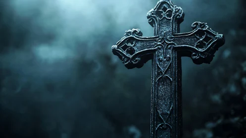 Weathered gothic metal cross in misty low key backlighting