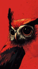 Scarlet owl portrait stares forward in bold graphic style.
