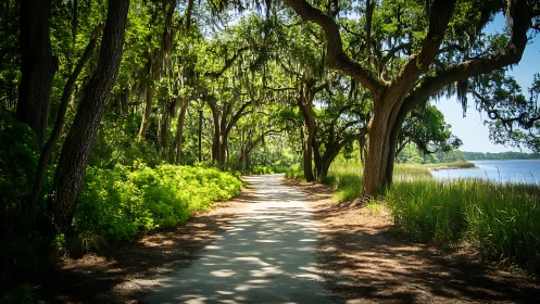 Coastal oak pathway curves beside sunlit marsh shoreline.