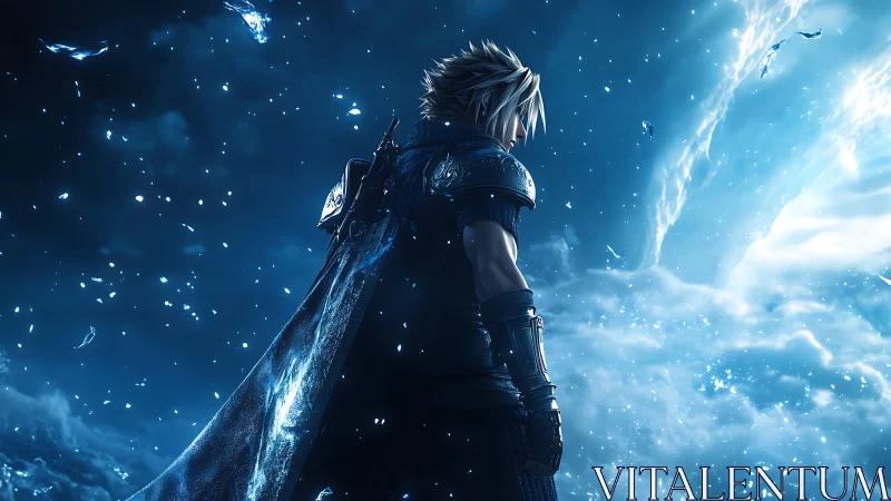 Starlit swordsman pauses at the edge of a swirling skygate