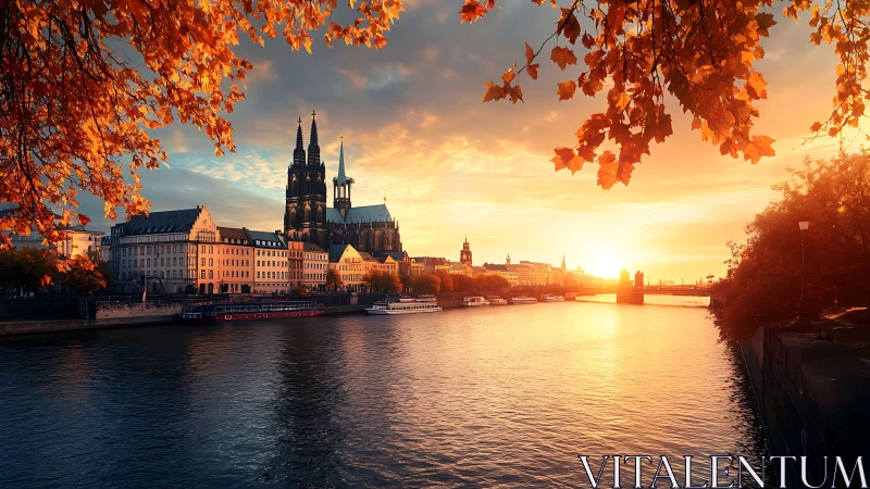 Golden autumn sunset warmly embraces a peaceful riverside city