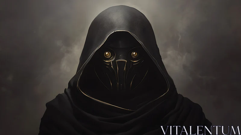 Hooded mechanical figure with masked face in dim atmosphere.