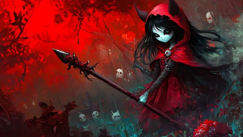 Dark red-hooded warrior girl in haunted spectral forest.