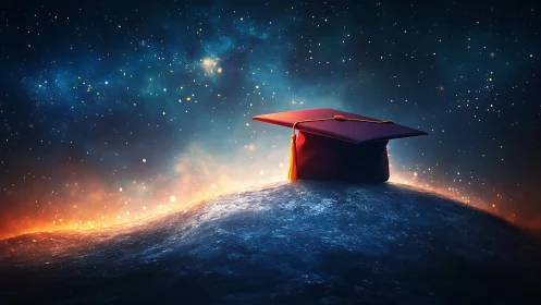 Graduation cap on illuminated planet horizon under starfield