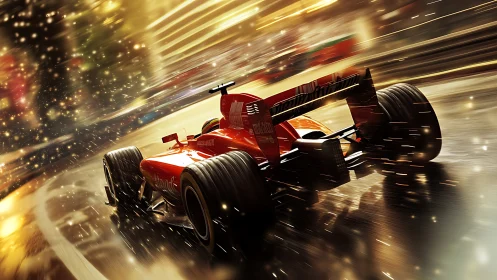 Roaring red race car slices through a glowing night circuit