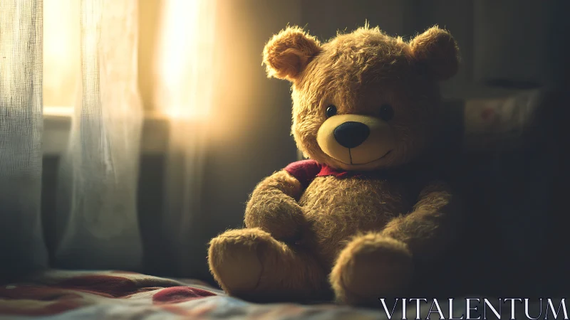 Sunlit teddy bear waits in a quiet room of remembered days.