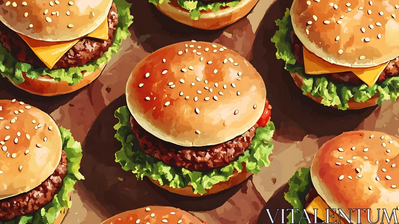 High-saturation digital painting of repeating sesame burgers on kraft