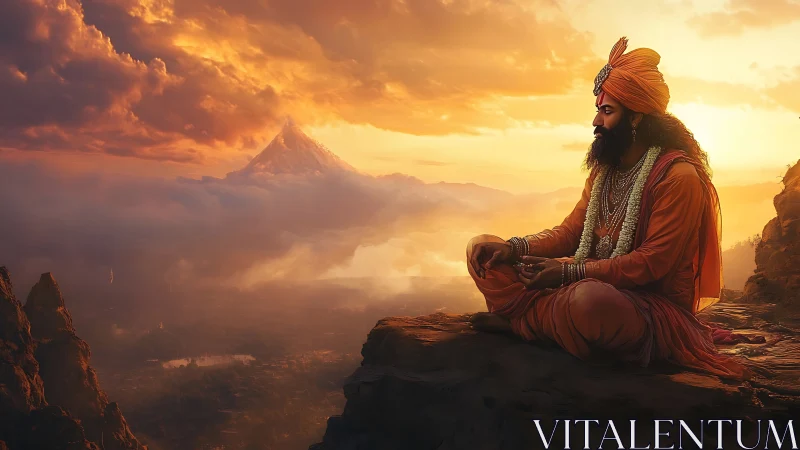 Mystic sage meditates above clouds under a blazing sunset sky