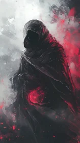 Hooded dark figure with red energy sphere in misty void.