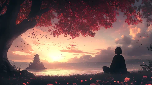 Silhouette under red-leaf tree facing lakeside pagoda at dusk.