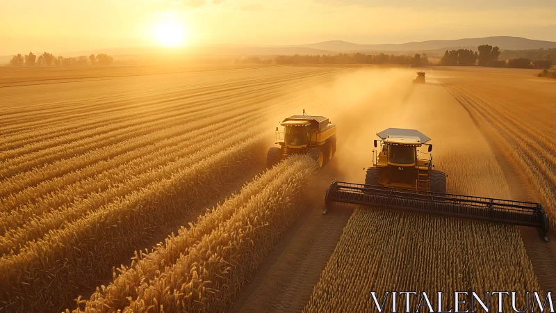 Combine harvesters in parallel formation process wheat under sunset