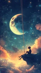 Dreamy child resting on a moonlit edge of the sky.