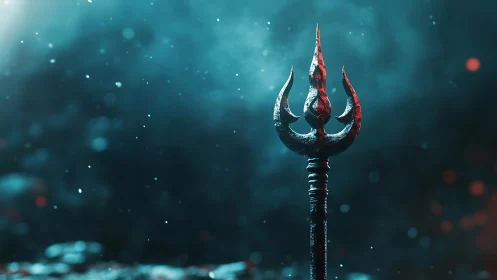 Rust-patinated trident idol in volumetric teal haze field.