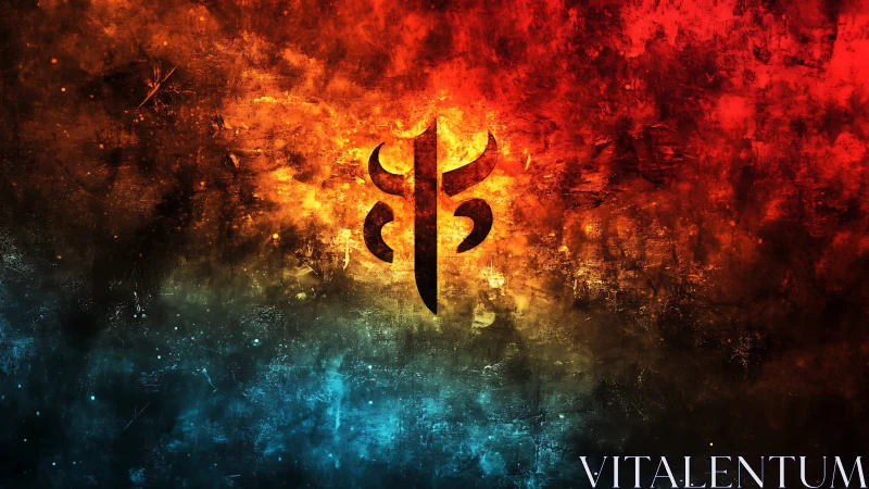 Central black emblem divides fiery red and cool blue field