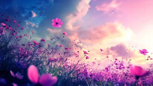 Dreamy Pink Cosmos Dancing in Golden Sunlight.