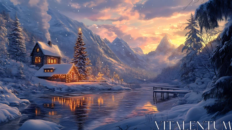 Cabin lights quietly serenade a winter river of glass