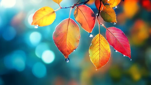 Rainkissed autumn leaves glowing against dreamy bokeh sky.
