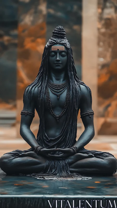 Serene Shiva statue in quiet meditation by tranquil water.