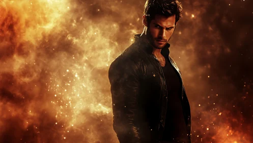 Brooding man in leather jacket against fiery orange smoke.