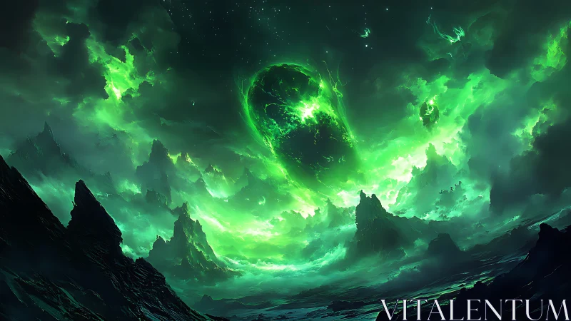 Alien green storm over jagged alien mountain landscape.