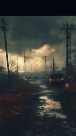 Industrial access road extends through wet, overcast area