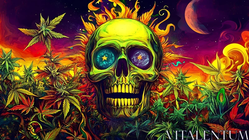 Neon skull rises over psychedelic cannabis jungle horizon.