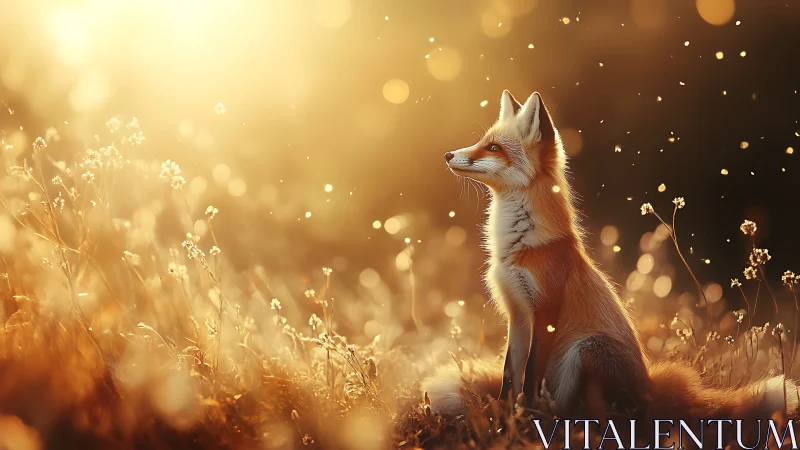 Golden sunlight gathers around a calm fox in tall grass