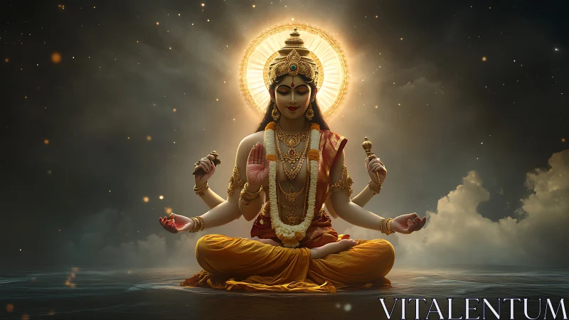 Four-armed meditative deity sits over reflective water