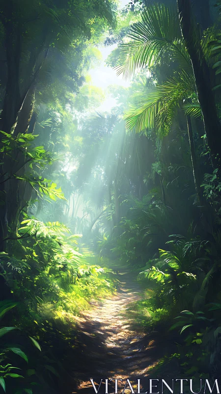 Forest canopy pathway with directional sunlight through vegetation.