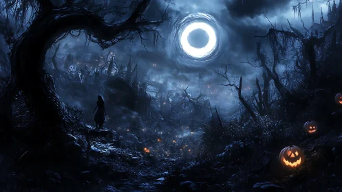 Silhouetted figure surveys nocturnal landscape under circular moon