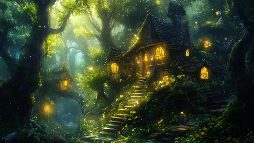 Firefly-lit forest cottages glow beneath emerald canopies.