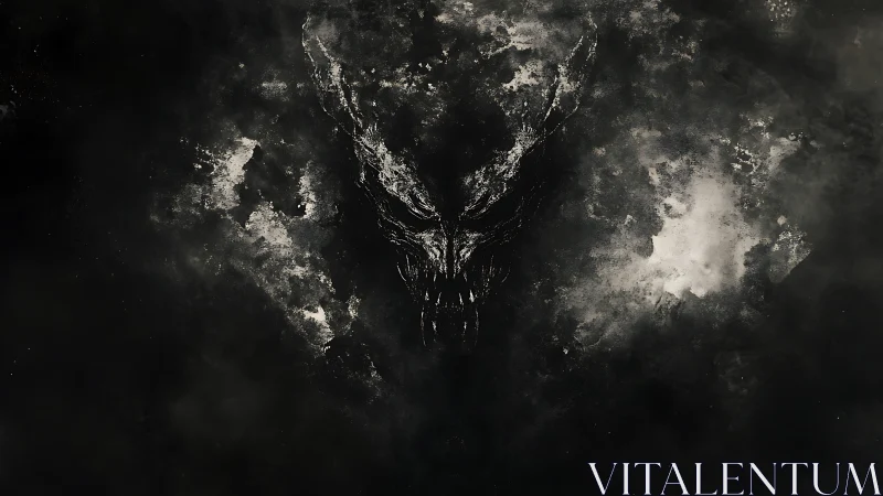 Monochrome demonic visage in abstract smoke field composition.