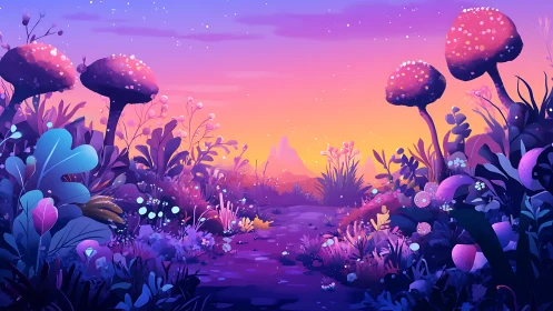 Enchanted alien forest glows beneath a dreamy twilight sky