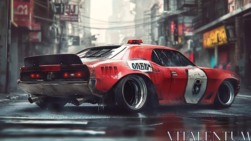 Rusty red street racer car in wet futuristic cityscape.