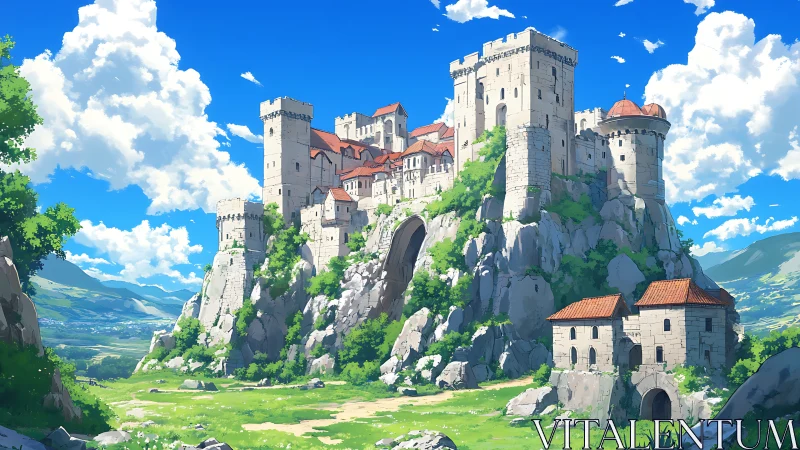Digital painting of a hilltop stone castle in bright daylight.