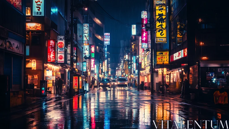 Neon soaked city street glowing softly in the midnight rain.