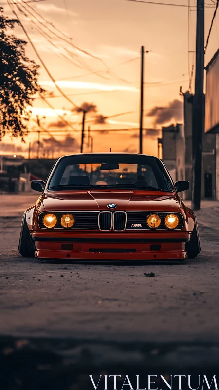 Low-slung red BMW classic under warm urban sunset light.