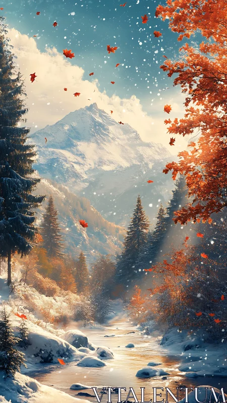 Digital painting of alpine stream in transitional autumn snow.
