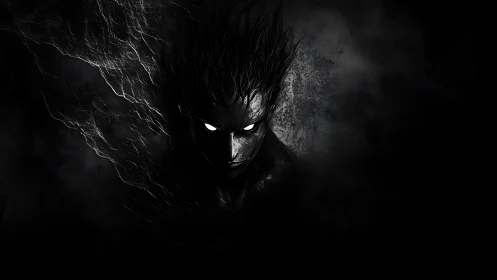 Monochrome demonic portrait in high-contrast digital painting.