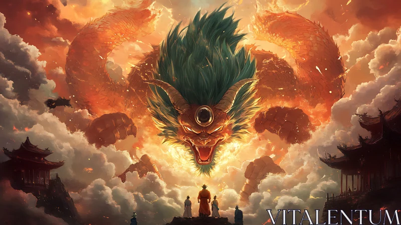 Dragon emerges from fiery storm clouds above distant figures