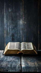 Golden-edged old book rests open on a rustic wooden table