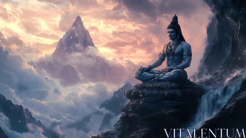 Divine blue figure meditates above cloud-wreathed peaks.