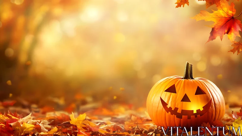 Glowing jack-o&rsquo;-lantern smiles amid dreamy golden autumn light