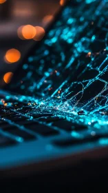 Shattered laptop screen glowing with moody blue reflections.